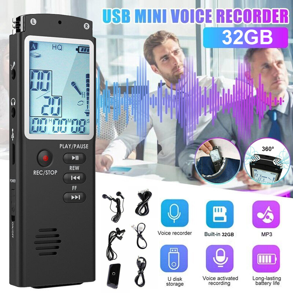 32GB Digital Voice Recorder Dictaphone Audio Sound Recorder Mini Spy Lecture MP3