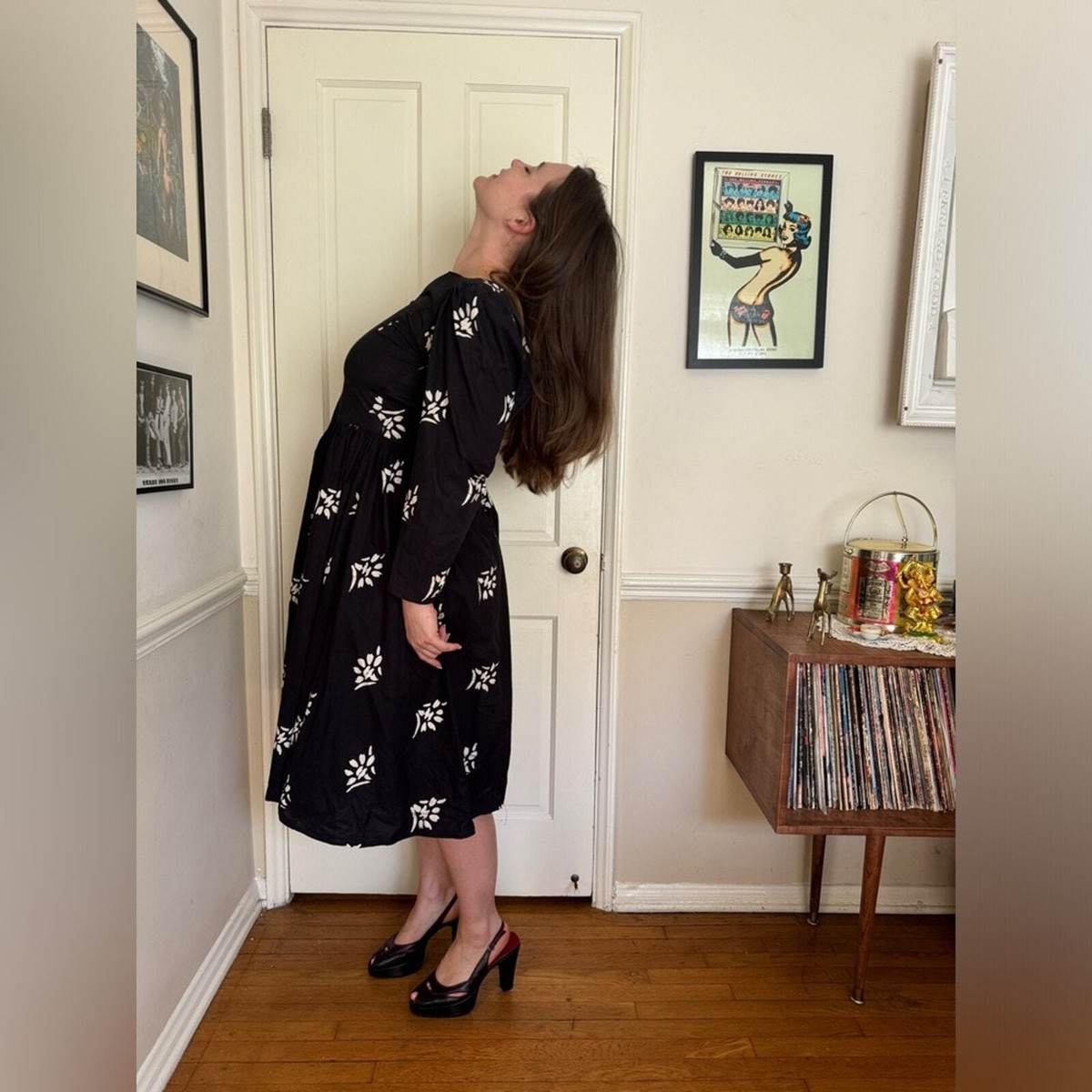 80s Does 50s Vintage Long Sleeve Black Cotton Fit and Flare Dress | eBay