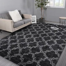 Hutha 6x9 Shag Large Area Rugs for Living Room Dark Grey and White Modern Sup...