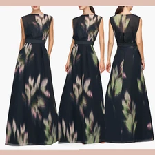 NEW $398 KAY UNGER [ 14 ] Tess Sleeveless A Line Gown in Black Green J1982