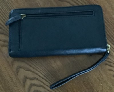 Fossil Womens Zip Around Leather Wristlet Clutch Black | eBay
