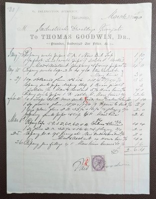 1890 Thomas Goodwin Gas Monteur Islington Street Salford Rechnung