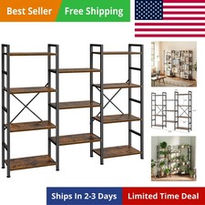 Triple Bookshelf, Bookcase with 11 Open Display Shelves, Wide Book Shelf Book...