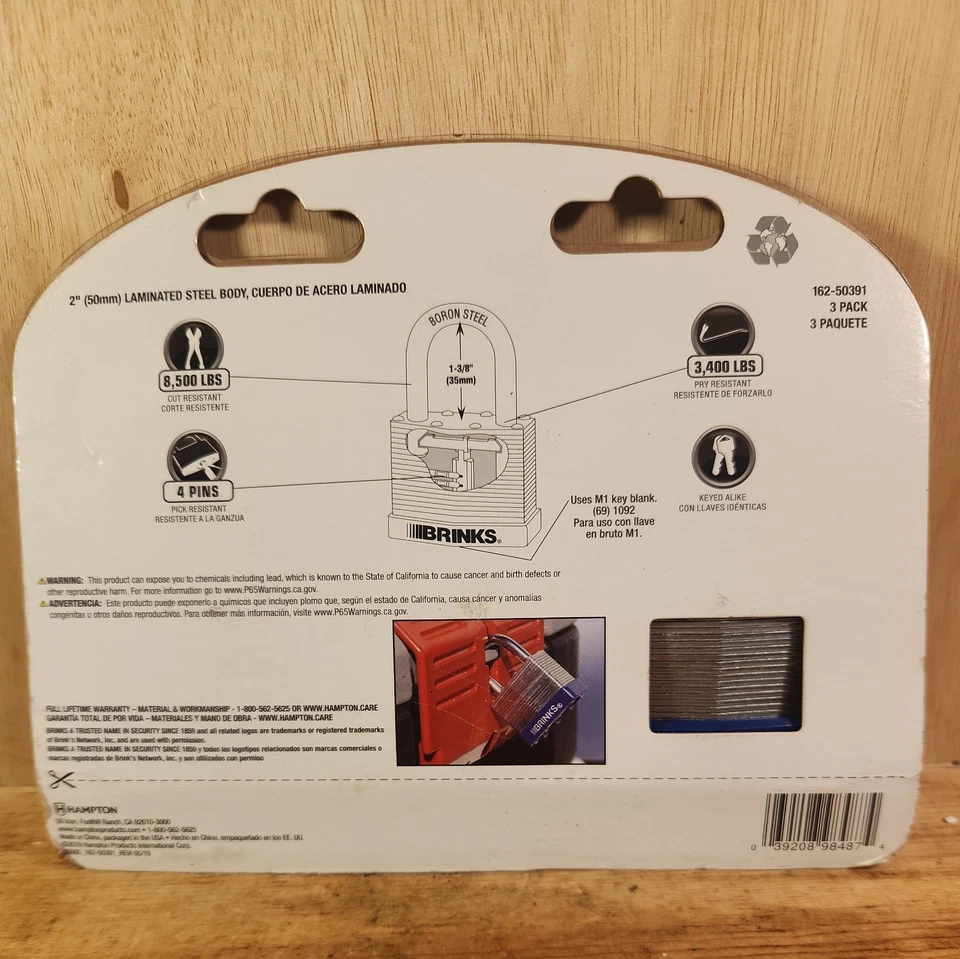 3 Pack* BRINKS *Boron Steel Shackle* PADLOCKS *W/ 1-3/16"*  - Image 2 of 2