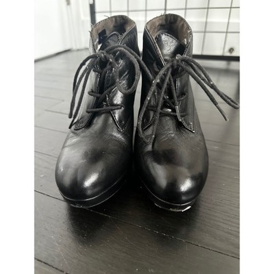 Tamaris Black Leather Lace Up Ankle Boots Platform Heel Size 37