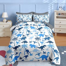 Comforter Set Queen Size, Blue Dinosaur 7 Pcs Bedding for Teens, Dino Palm Tr...