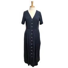 VETTA Capsule Minimalist Button Up Midi Dress Pockets Navy Blue size Medium