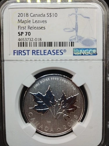 2018 CANADA $10 1/2OZ .9999 SILVER NGC SP70 MAPLE LEAF LEAVES FIRST RELEASES