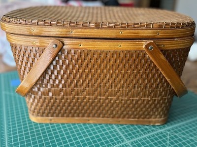 Vintage Wicker Picnic Basket Large Double Handled | eBay