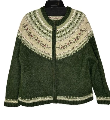 Wool Silk Blend Sweater Embroidered Nordic Yoke LARGE Full Zip Rustic Holiday - Image 1 of 4