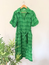 Oliver Bonas Dress Womens Green Checked Shirt Dress Button Front Tie Waist