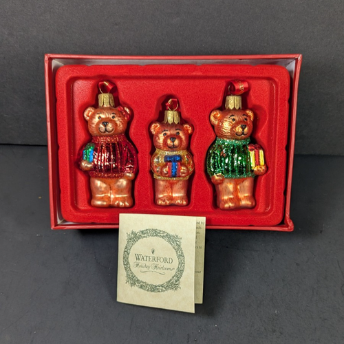 Waterford 3 Teddy Bear Glass Christmas Ornaments Holiday Heirlooms In Box - Picture 5 of 9