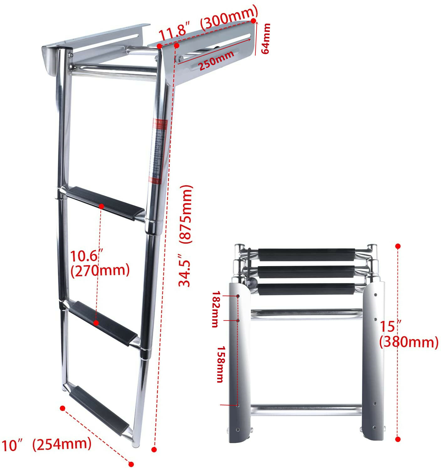3 Steps Boat Ladder Folding Marine Stainless Steel Telescoping Ladder 34.5"