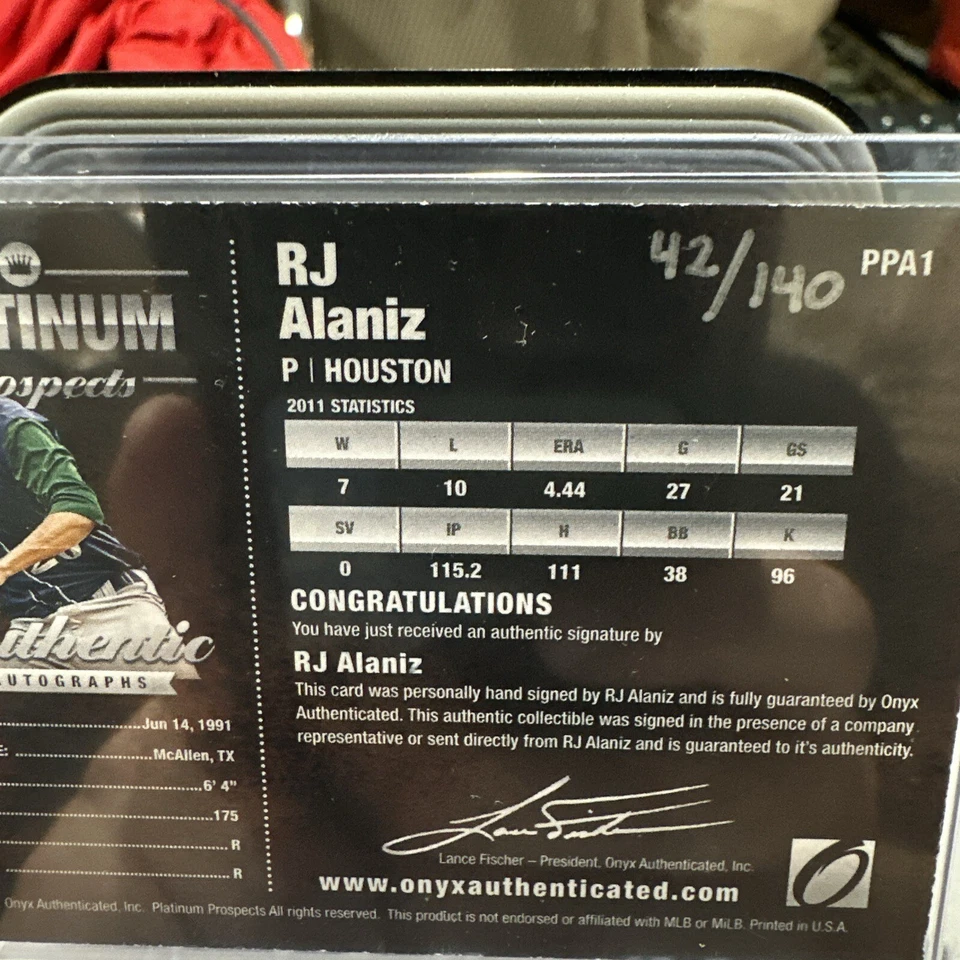 2012 Onyx Platinum Prospects Baseball Auto RJ Alaniz 42/140 - Image 2 of 2