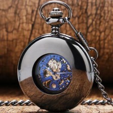 Black Hollow Smooth Case Handwind Mechanical Pocket Watch for Men Pendant Chain