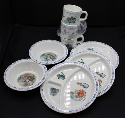 Set 8 piece Peter Rabbit and Friends Childs Bowls, cups and plates