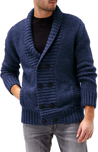 Mens Cable Knit Cardigan Sweater Shawl 