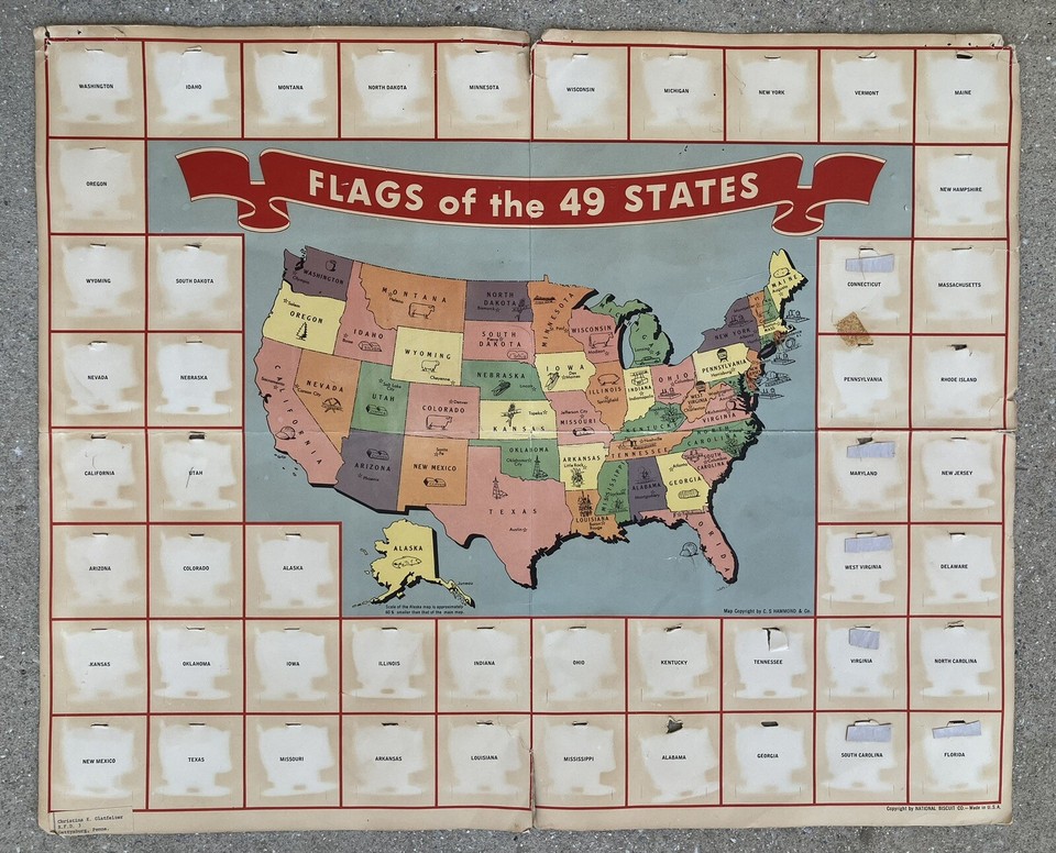 1949 United States Map 49 Metal TIN FLAGS Nabisco Promotion Lithograph ...