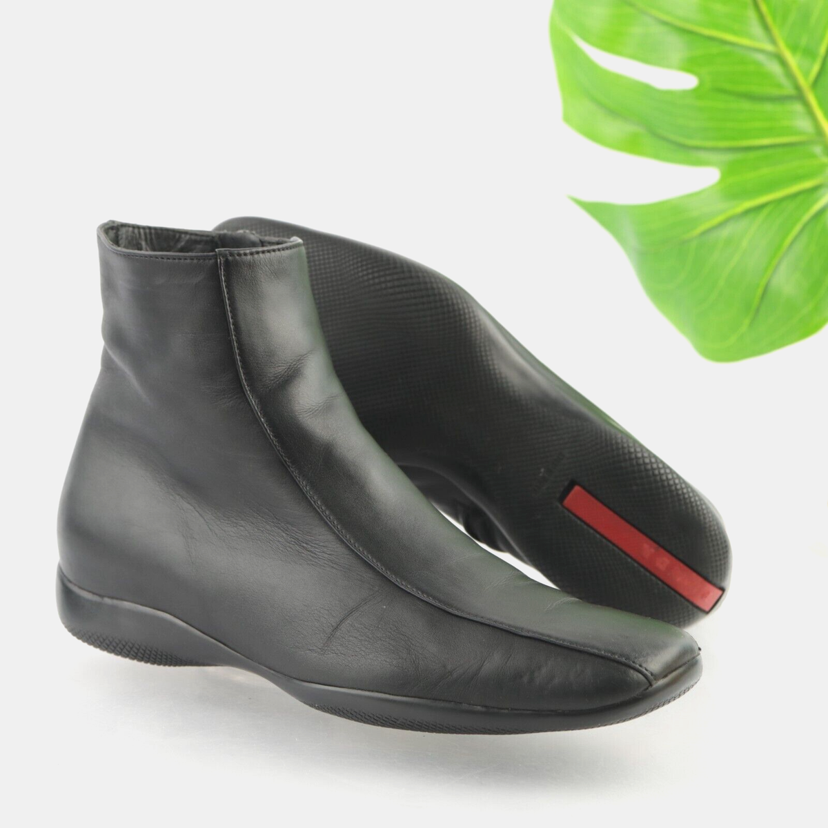 PRADA Womens Linea Rossa Boot Size 38 8 Black Calfskin Flat Sporty 