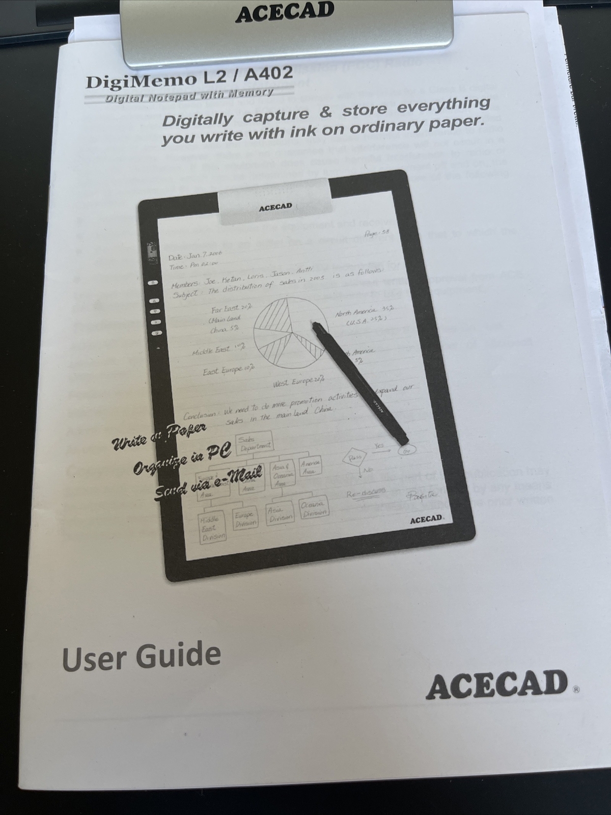 ACECAD DigiMemo L2 Letter Size Digital Notepad /w Pen Manual Software