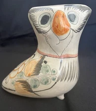 Tonala Mexican Pottery Owl w/ Flower on Back Ceramic Folk Art 6.25"