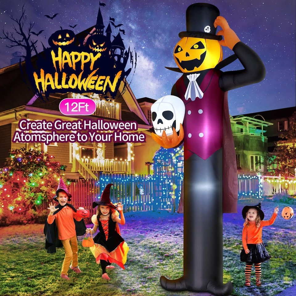 12FT Giant Halloween Inflatables Decorations Pumpkin Vampire Holding