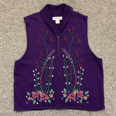 Vintage Bechamel Vest Womens Medium Floral Embroidery Zip Cottage Granny Sweater