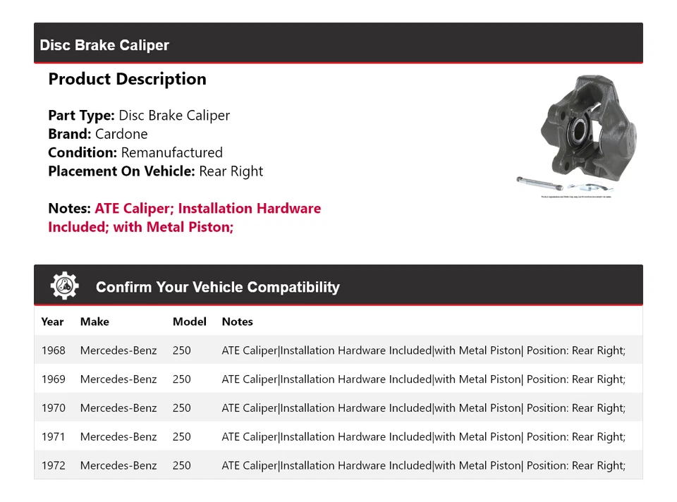 适用于 1968 - 1972 梅赛德斯 - 奔驰 250 盘式制动卡钳右后 Cardone 1969 1970 — 第 2/4 张图片