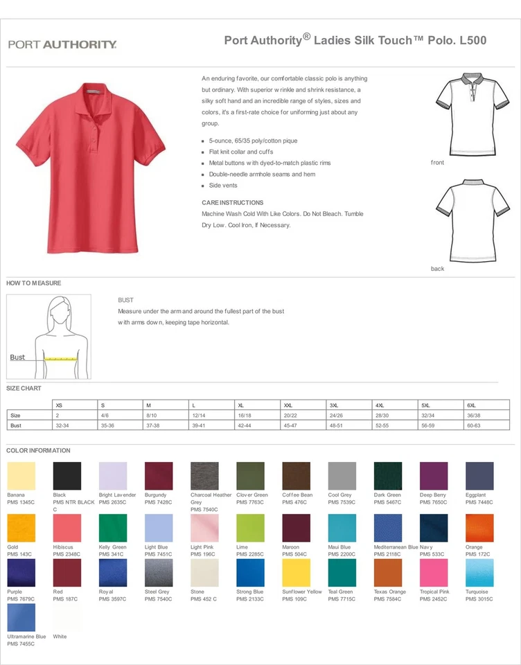 Port Authority Womens Short Sleeve Silk Touch Three Button Polo Shirt L500 - Image 3 of 3