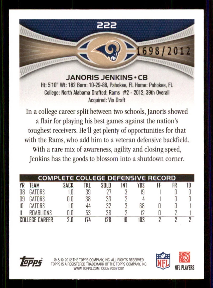 2012 Topps Gold #222 Janoris Jenkins /2012 - Image 2 of 2