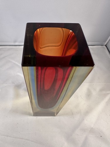 Vintage 1970s Murano 21cm Block Vase - Red, Amber And Blue In Smoked Glass - Picture 12 of 20