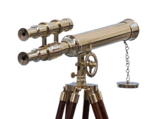 39'' Nautical Navy gold brass double barrel telescope with wooden tripod stand