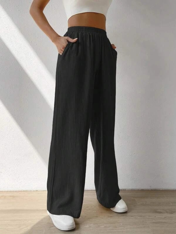 New Linen Straight Wide Leg Pants, Loose Casual Trousers, Mid Rise Solid Color