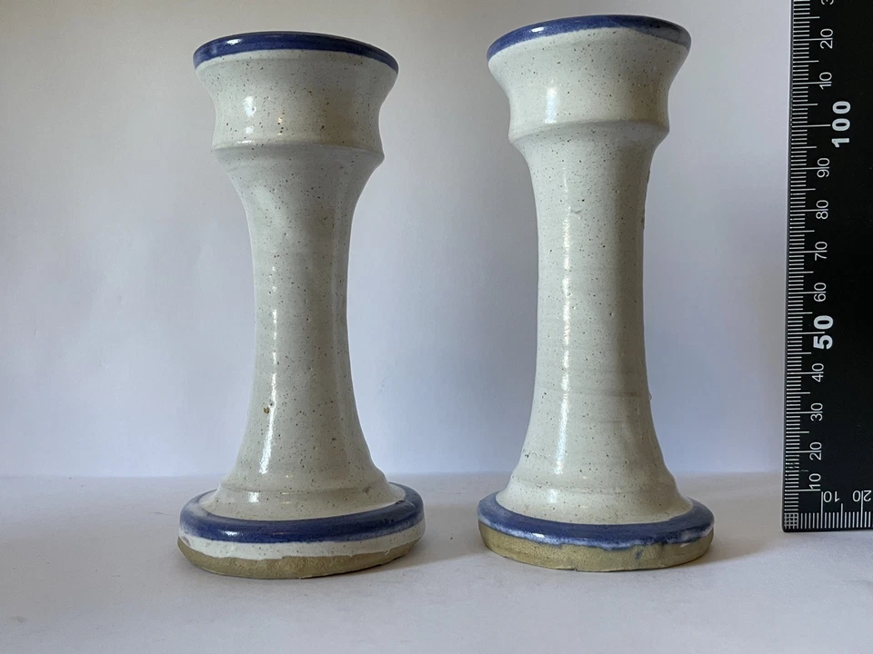 2 Rare Unusual Studio Art Pottery Chamber Candlestick Blue White Stoneware China - Image 2 of 4