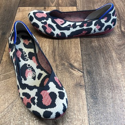 Rothy's The Flat Women's 7 Leopard Print Knit Ballet Flats Black Red Cream