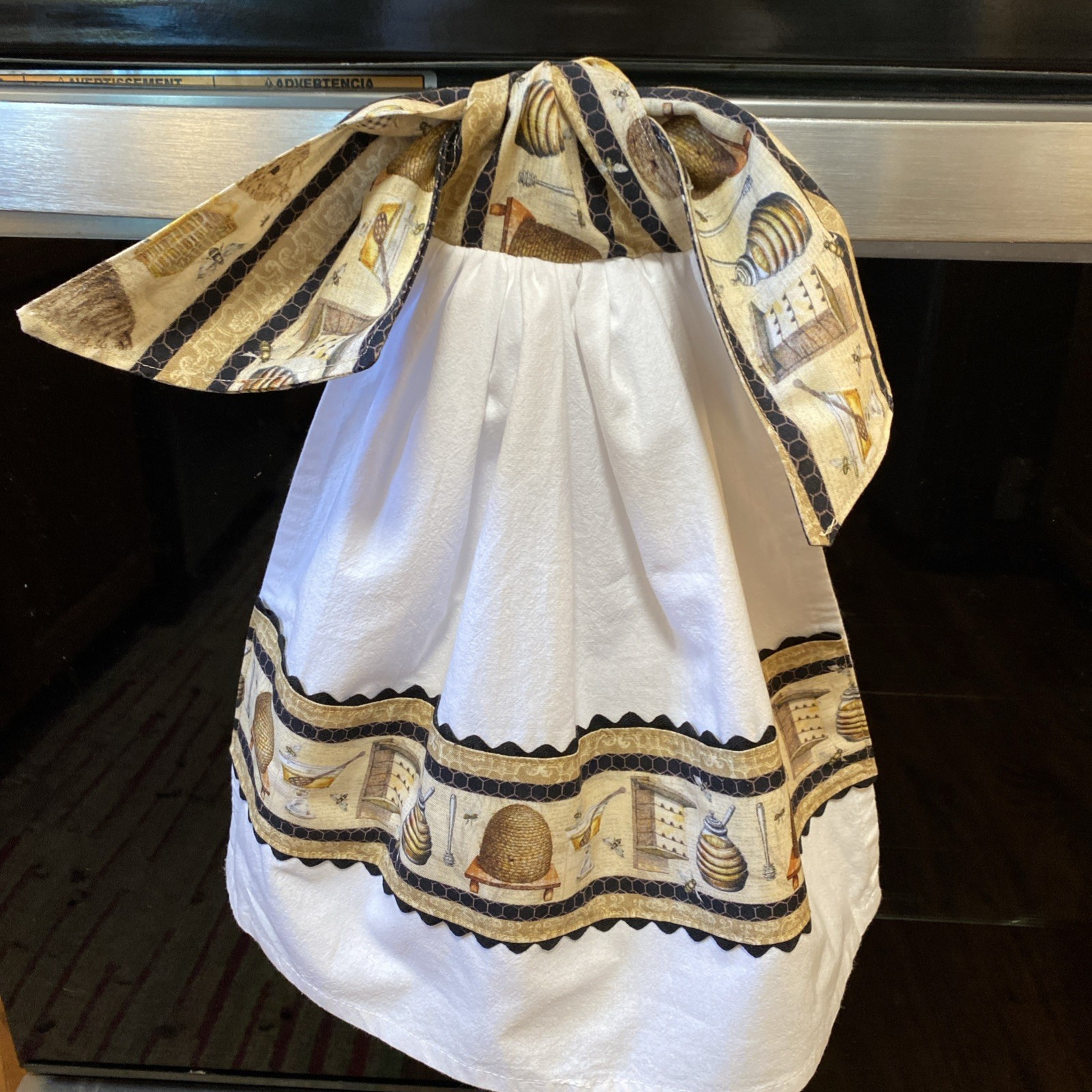 Unique Hanging Kitchen tea Towel hand towel. Tie design. Bees  with Bee Hives