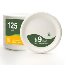WELLIFE 100 Compostable Paper Plates 9 Inch, 125-Pack Heavy Duty Free Shipping