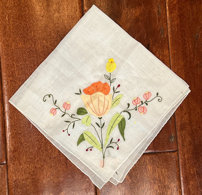 Vintage Delicate White Linen Hankie Handkerchief Hand Embroidered Floral Motif