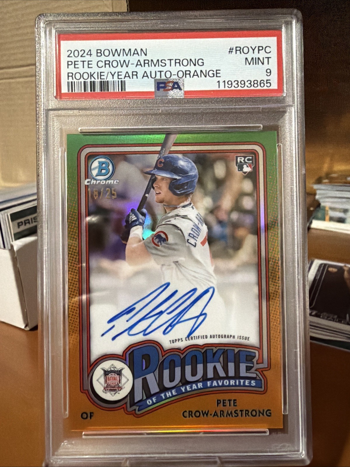 PETE CROW-ARMSTRONG 2024 BOWMAN CHROME AUTO /25 ORANGE REFRACTOR ROY FAVORITES