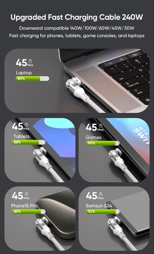 Fast Charging 240W Type-C to Type-C Data Cable For Apple iPhone 16 15 Pro Max - Picture 10 of 15