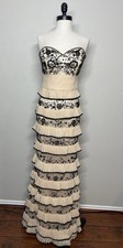 Terani Couture Beige Black Strapless Beaded Ruffle Gown Dress Size 6