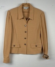 ST JOHN WOOL BLAZER JACKET BEIGE KNIT BUTTON GOLD SZ 12