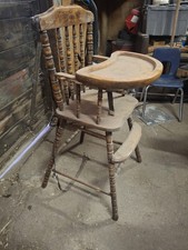 Antique Wooden High Chair with Tray, Brown, Solid Wood, Dining Room