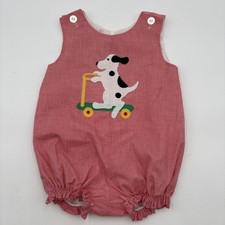 Vtg Boutique Toddler Red Gingham Dog On A Scooter Appliqu Bubble Romper Sz 3