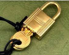 HERMES Cadena Padlock Key 107 Gold Bag Charm Key Chain Lock Ring Charm Used