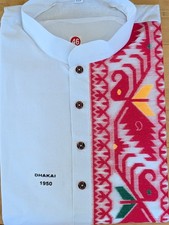 Kurta Punjabi Dhakai Jamdani Weaving Cotton White Red Wedding Festive Wear 46