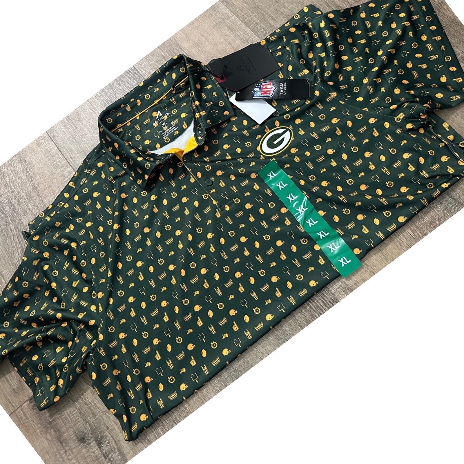 Antigua NFL Green Bay Packers XL Signal Polo Shirt Green Gold All Over Print NWT image 6