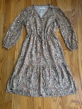 Loft Taupe Paisley Tiered V-Neck Long Sleeve Maxi Dress Waist Tie & gold accents
