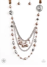 Paparazzi Accessories Necklace with Earring Ribbon Brown and Silver Tone Jewelry