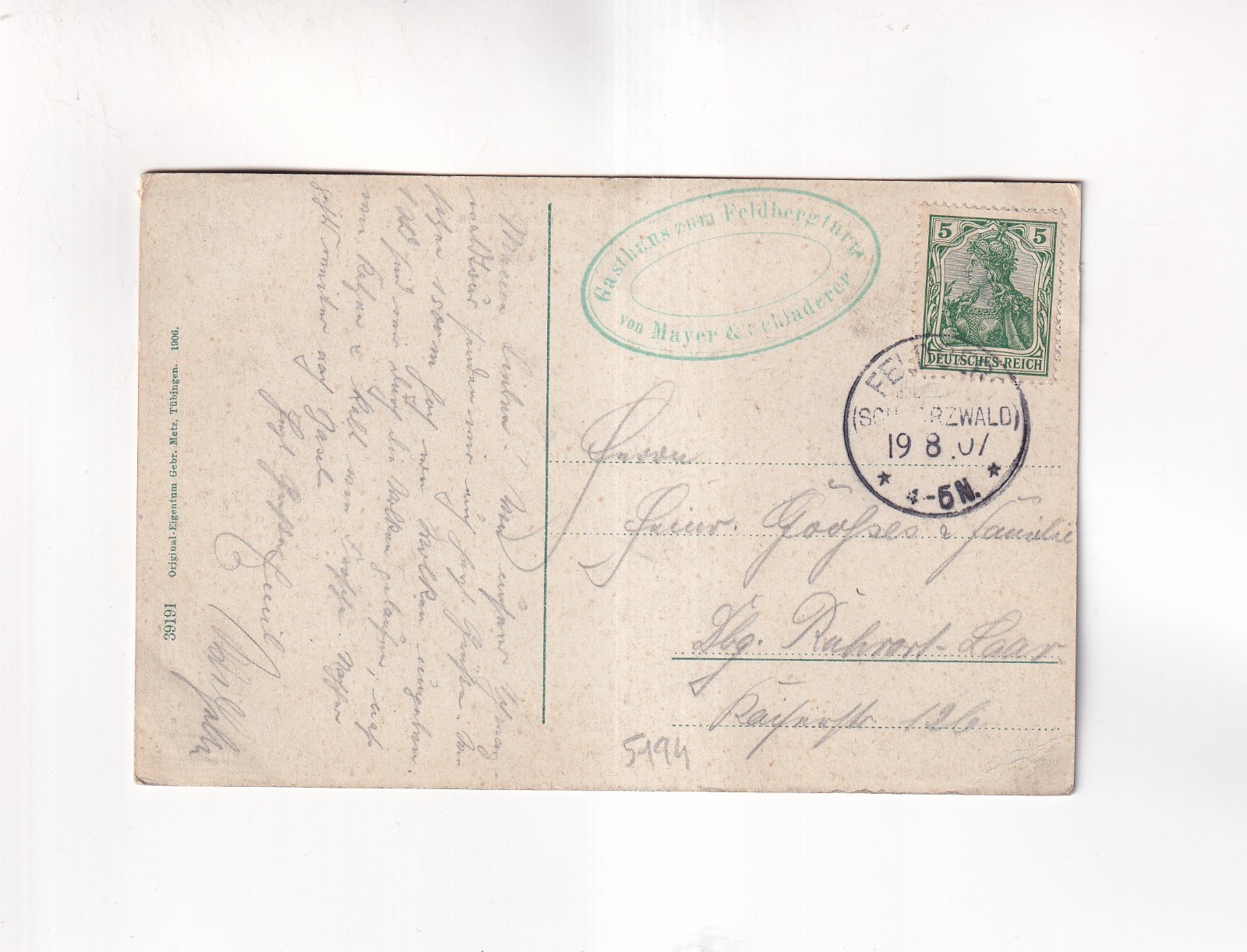 F1190) FELDBERG-Black Forest-Gasthaus ZUM FELDBERGTURM 1907